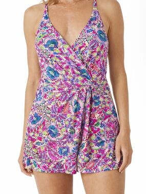 Stella Parker Hem Wrap Swim Dress Floral Pink Sz Large NWT Tummy Control